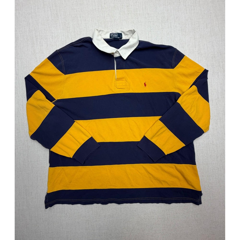 VTG Polo Ralph Lauren Rugby Shirt XXL Mens Navy Yellow Striped Long Sleeve Polo